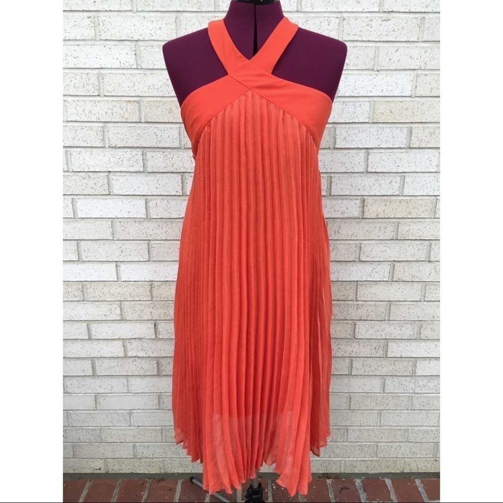NWT BCBGMaxAzria Eloise Dress Women’s Orange Saffron Pleated Halter-like Size 6